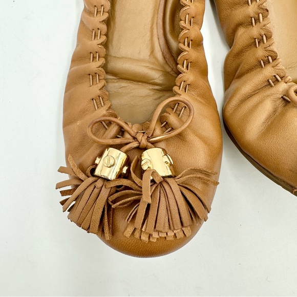 Tory Burch Reese Mestico Royal Tan Leather Ballet Flats Gold Accents Tassels - Picture 3 of 10
